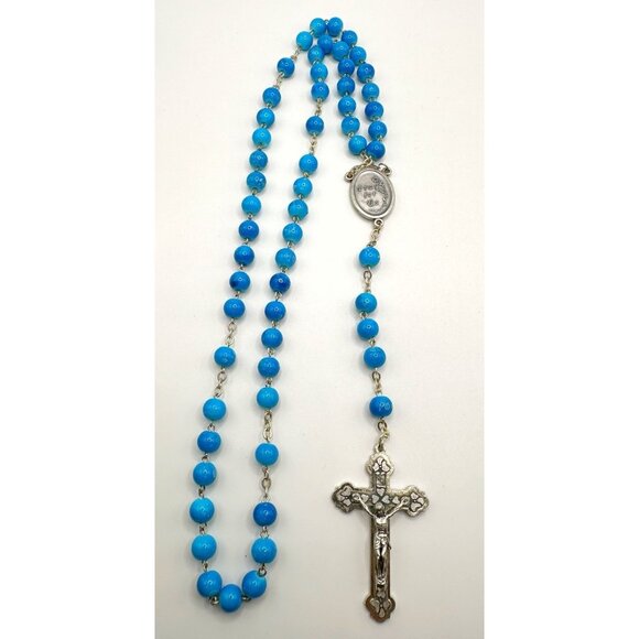 Turquoise Blue & Silvertone Italy Pray For Us Rosary 18” - Picture 7 of 7